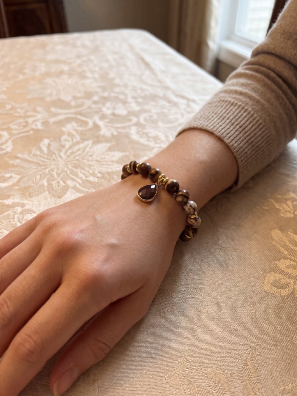 Designs by Forte Earthy Natural Stone Stretch Bracelet with Teardrop Charm